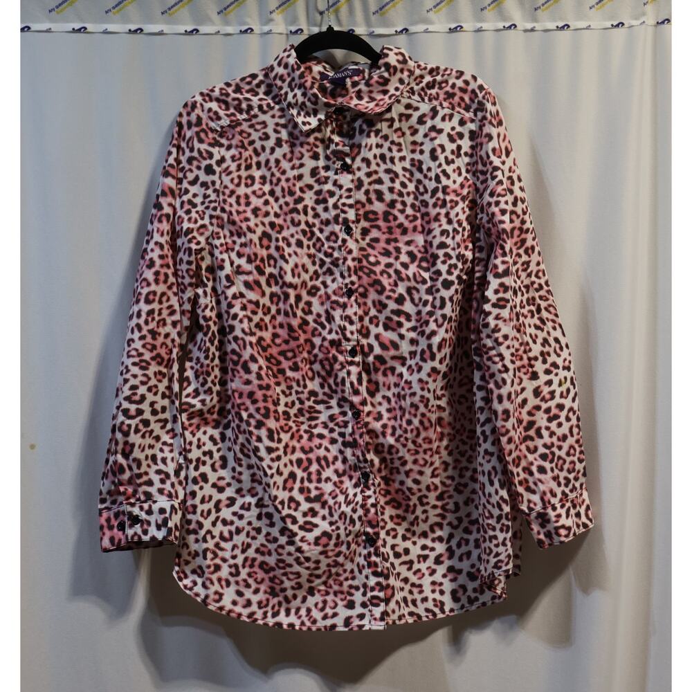 Roaman's Top Button Up Shirt Women 18W White Animal Print Collared Long Sleeve